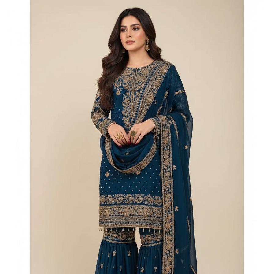 Georgette Kurti Sharara Suit with Elegant Sequin Zari Embroidery Work | Festive Wear