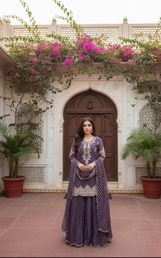 Designer Purple Chinon Embroidered Sharara Suit Set with Diamond Work Dupatta
