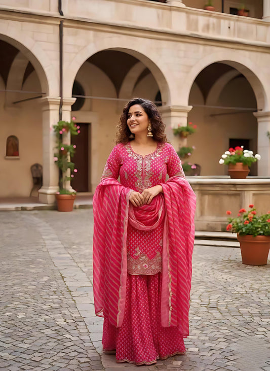 Printed Chinon Embroidered Sharara Suit Set with Dupatta – Diamond Work Festive Wear for Women