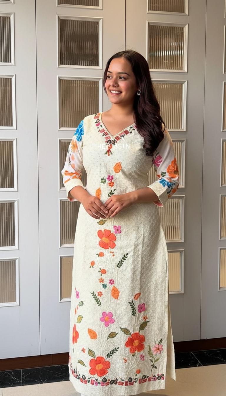 Cream Cotton Embroidered Kurti with Floral Print Pants Comfortable Summer Ethnic Wear