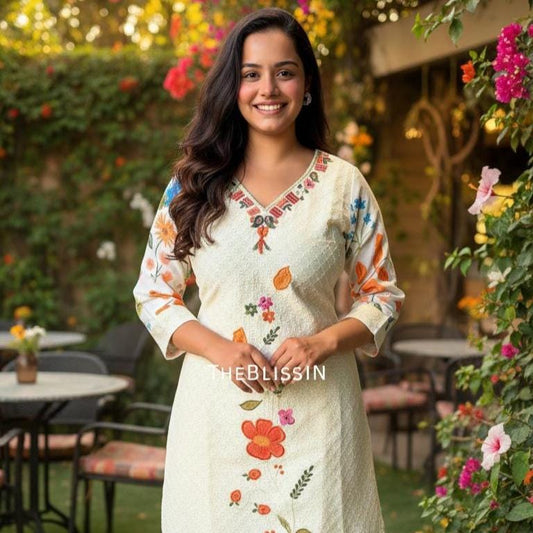 Cream Cotton Embroidered Kurti with Floral Print Pants Comfortable Summer Ethnic Wear