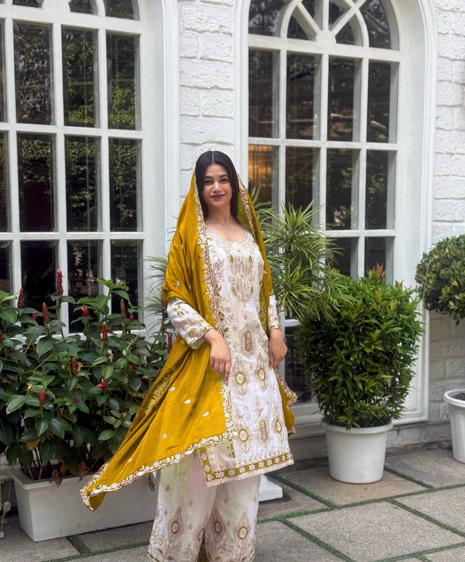 Designer Pure Chinon Silk Detailed Sequin Embroidered Palazzo Suit With Velvet Dupatta Set