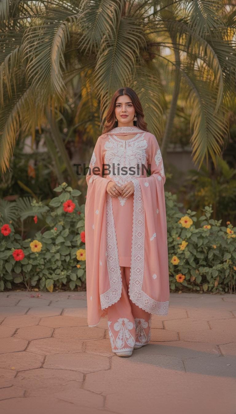 Women Peach Satin Silk Palazzo Suit Set With Full Sleeves Embroidered Work