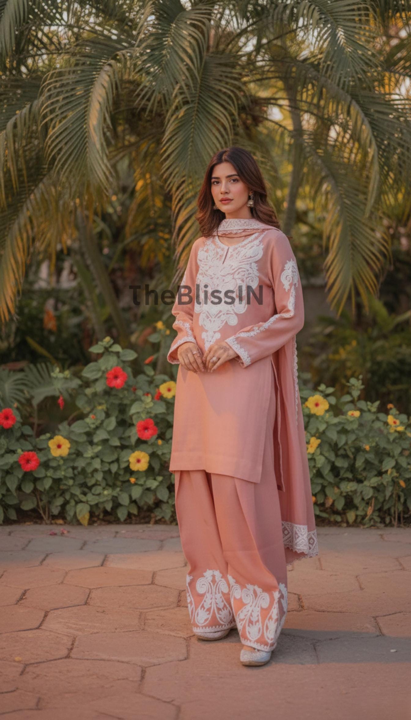 Women Peach Satin Silk Palazzo Suit Set With Full Sleeves Embroidered Work