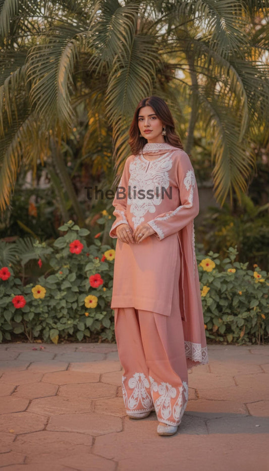 Women Peach Satin Silk Palazzo Suit Set With Full Sleeves Embroidered Work