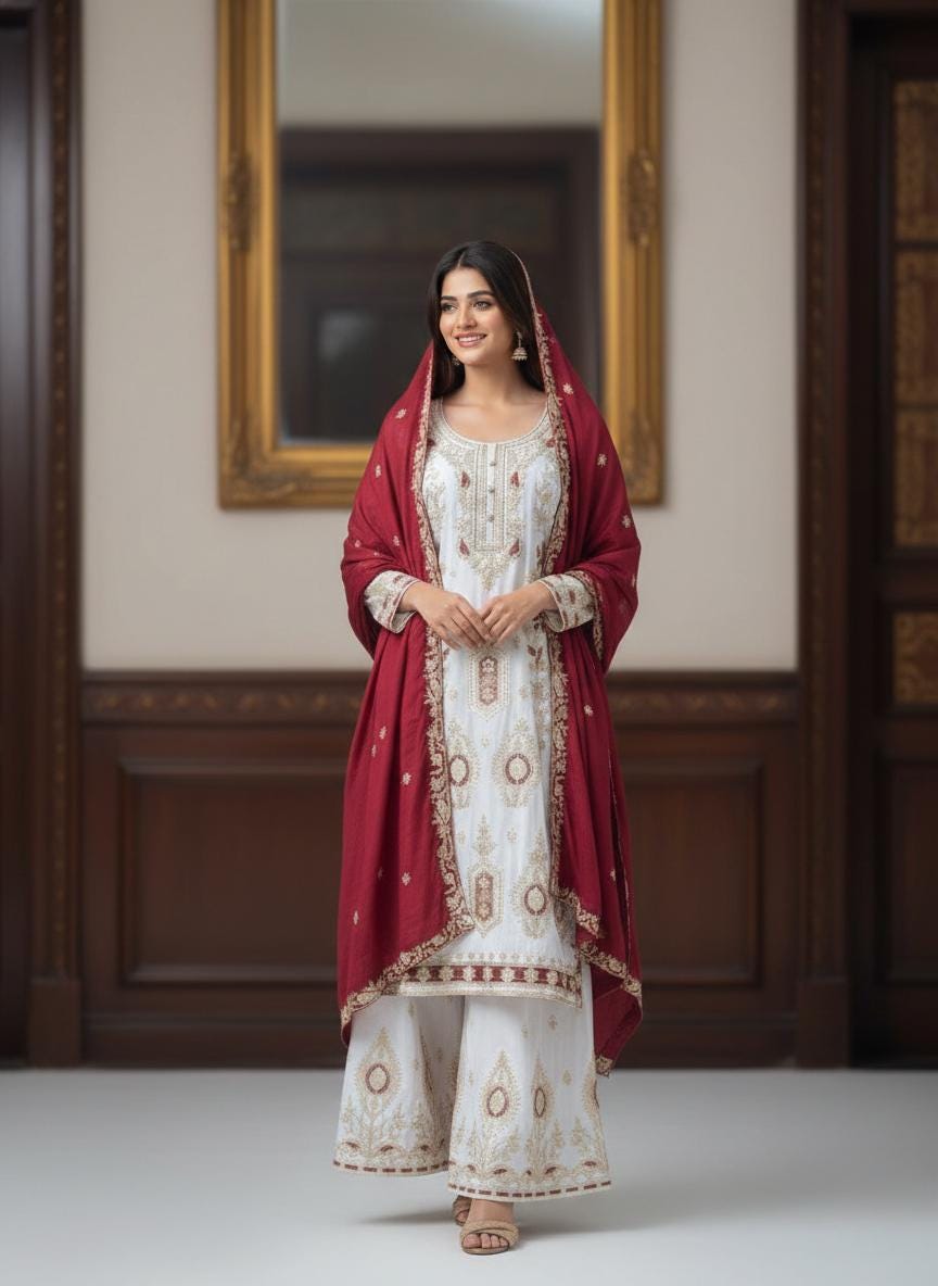 Chinon Silk Heavy Sequin Embroidered Festive Wear Suit Set with Palazzo and Dupatta