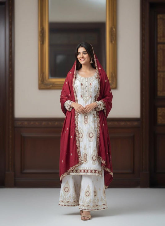Chinon Silk Heavy Sequin Embroidered Festive Wear Suit Set with Palazzo and Dupatta