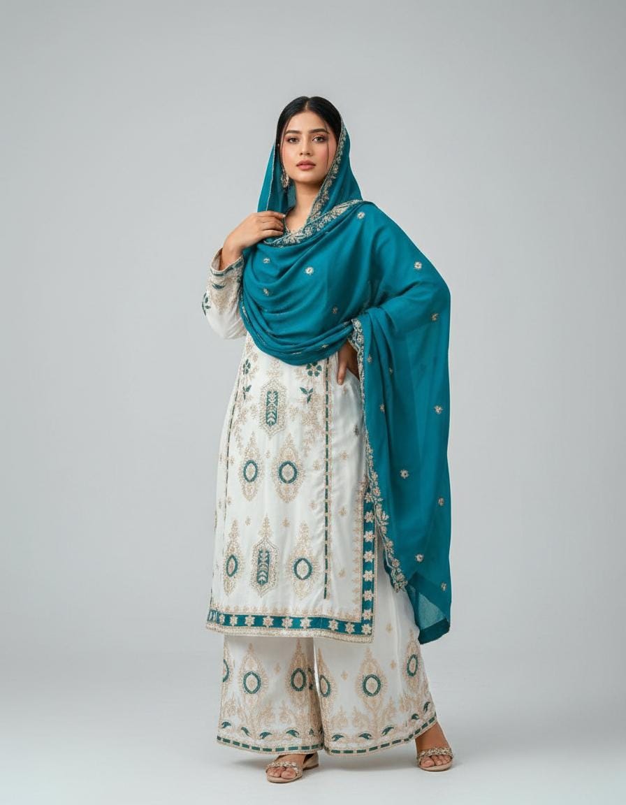 Pure Chinon Silk Heavy Sequin Embroidered Suit Set with Palazzo & Dupatta - Women Ethnic Wear