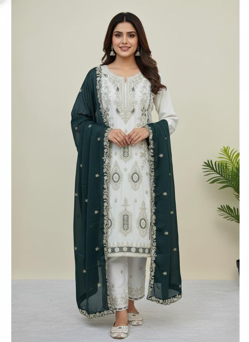 Pakistani Style Chinon Silk Designer Kurti Plazzo Suit Set in Luxury Sequin Embroidered Work