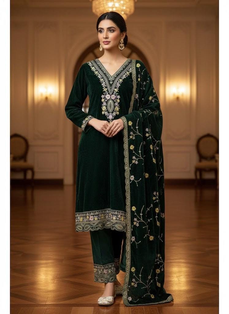Green Heavy Viscose Velvet Sequin Embroidered Suit Set with Dupatta Fully Stitched Party Wear