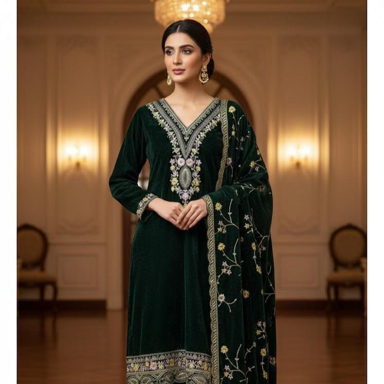Green Heavy Viscose Velvet Sequin Embroidered Suit Set with Dupatta Fully Stitched Party Wear