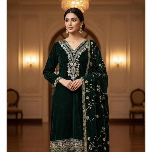 Green Heavy Viscose Velvet Sequin Embroidered Suit Set with Dupatta Fully Stitched Party Wear