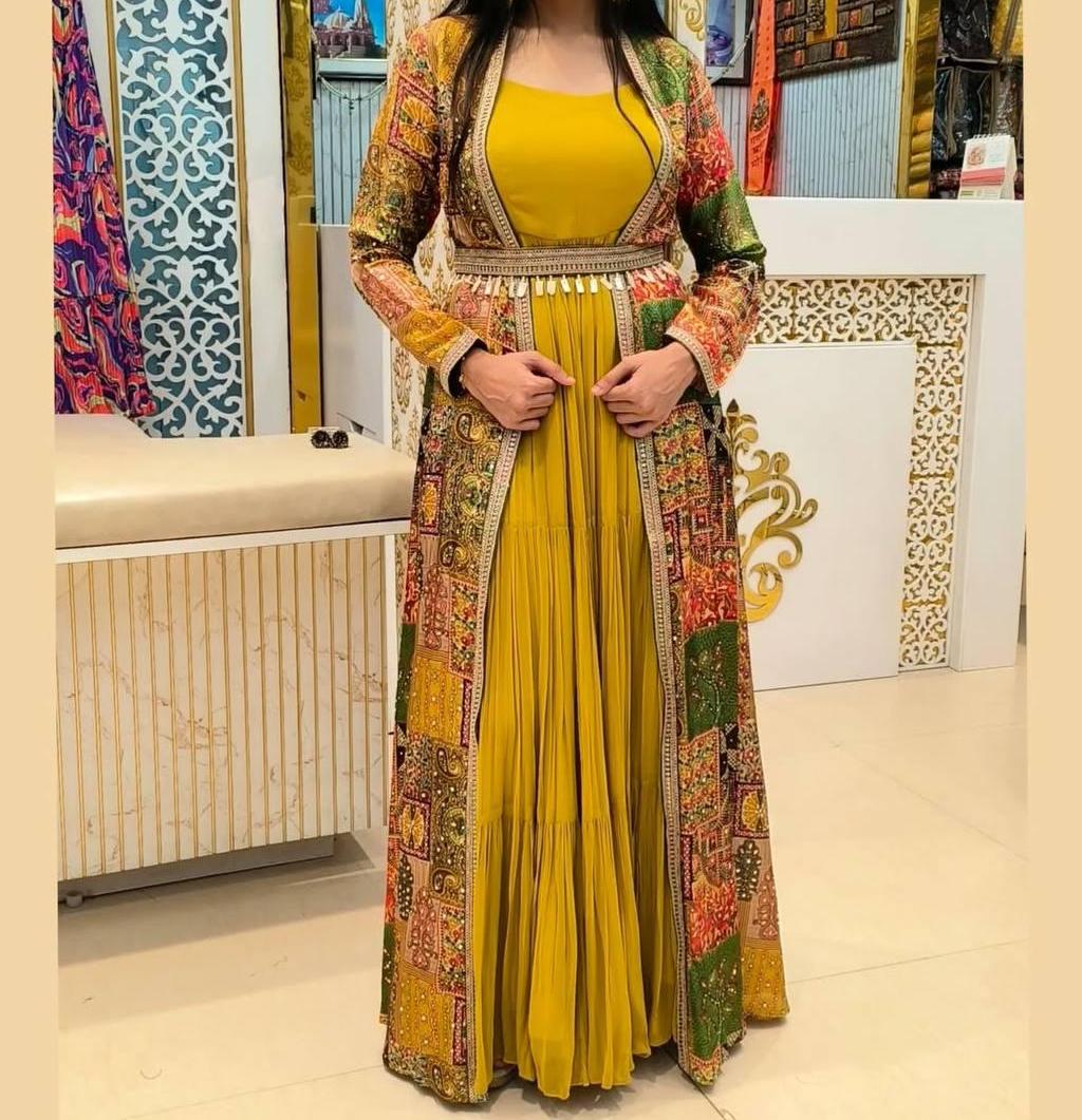 French Crepe Printed Koti with Ruffle Georgette Gown Set Fully Stitched Designer Outfit