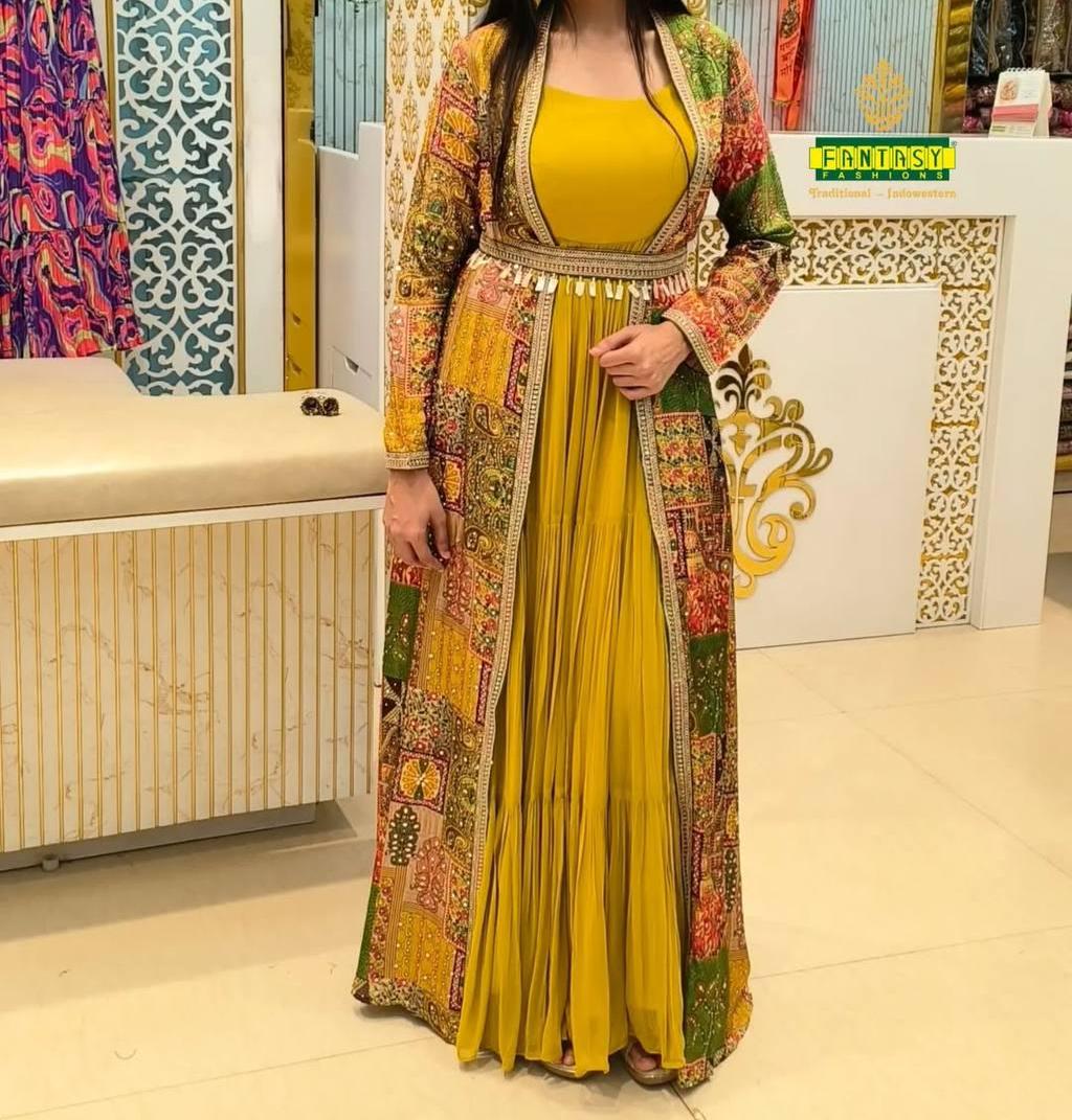 French Crepe Printed Koti with Ruffle Georgette Gown Set Fully Stitched Designer Outfit
