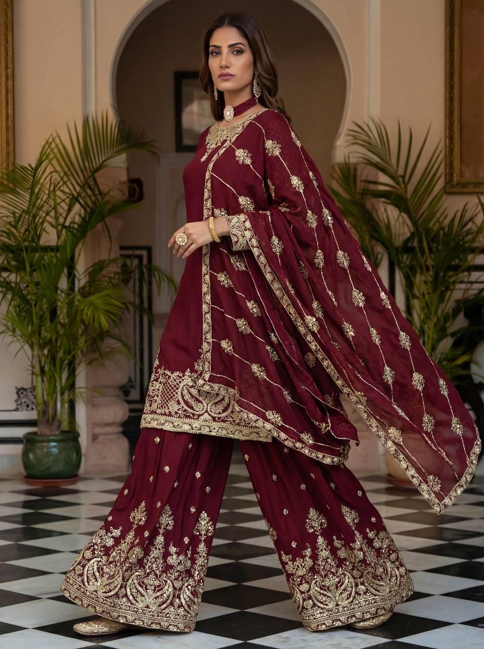 Heavy Embroidered Marron Kurta Palazzo Suit Set | Ready To Wear - Pakistani Womenswear