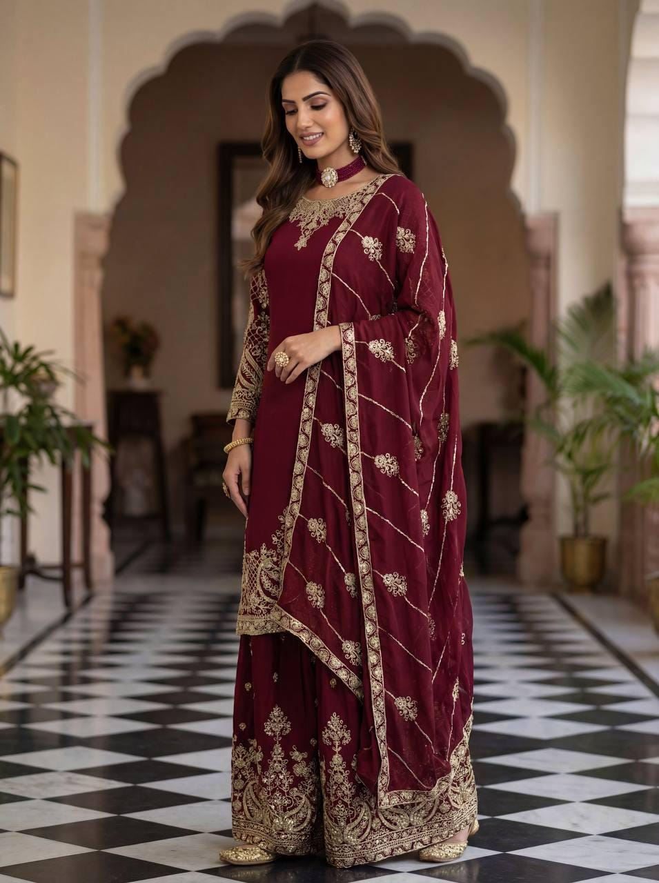 Heavy Embroidered Marron Kurta Palazzo Suit Set | Ready To Wear - Pakistani Womenswear