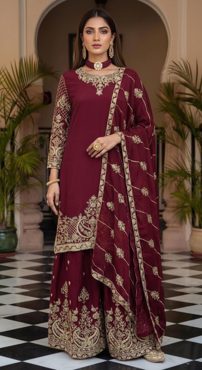 Heavy Embroidered Marron Kurta Palazzo Suit Set | Ready To Wear - Pakistani Womenswear