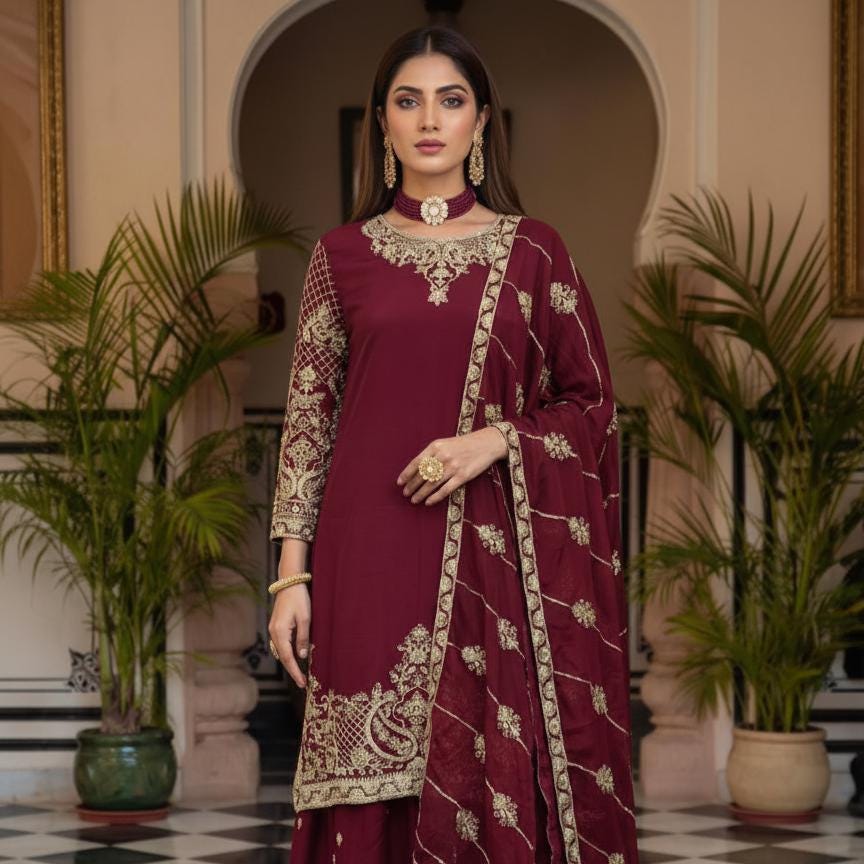 Heavy Embroidered Marron Kurta Palazzo Suit Set | Ready To Wear - Pakistani Womenswear