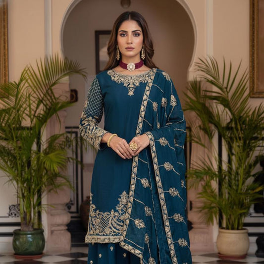 Blue Embroidered Chinon Silk Sharara Suit with Dupatta - Pakistani Wedding Dress