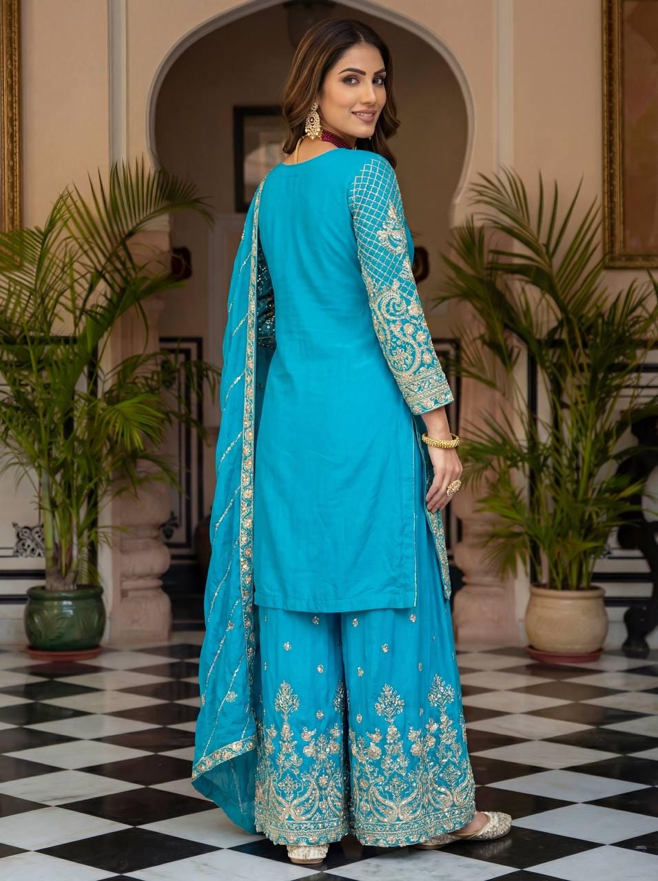 Sky Blue Embroidered Chinon Silk Palazzo Suit with Dupatta | Wedding , Festive Wear