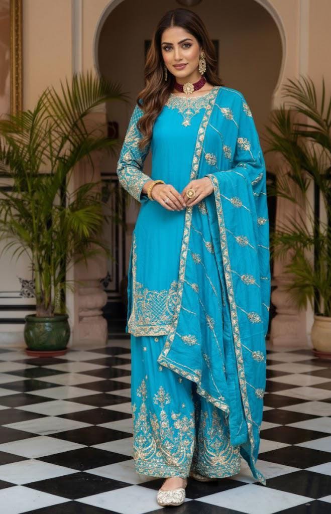 Sky Blue Embroidered Chinon Silk Palazzo Suit with Dupatta | Wedding , Festive Wear