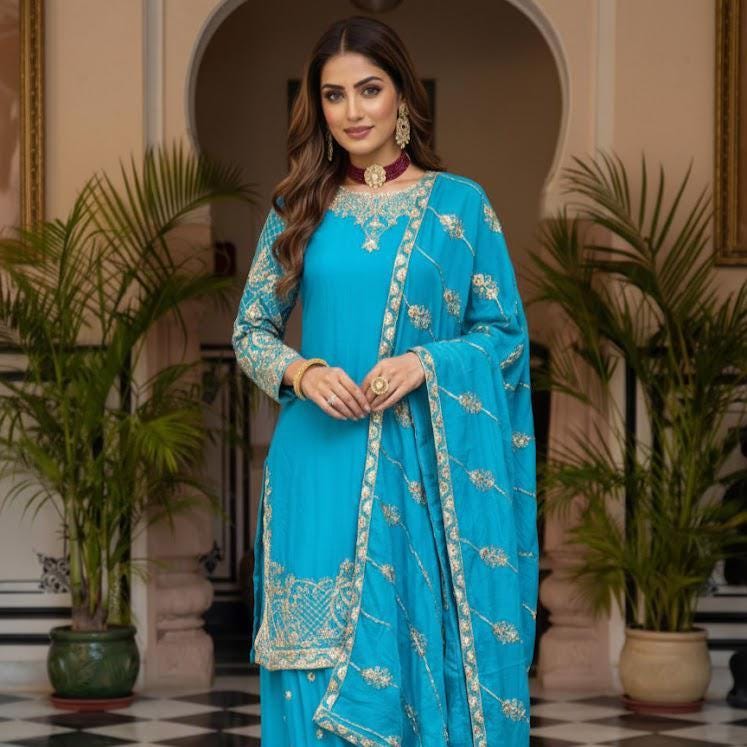 Sky Blue Embroidered Chinon Silk Palazzo Suit with Dupatta | Wedding , Festive Wear