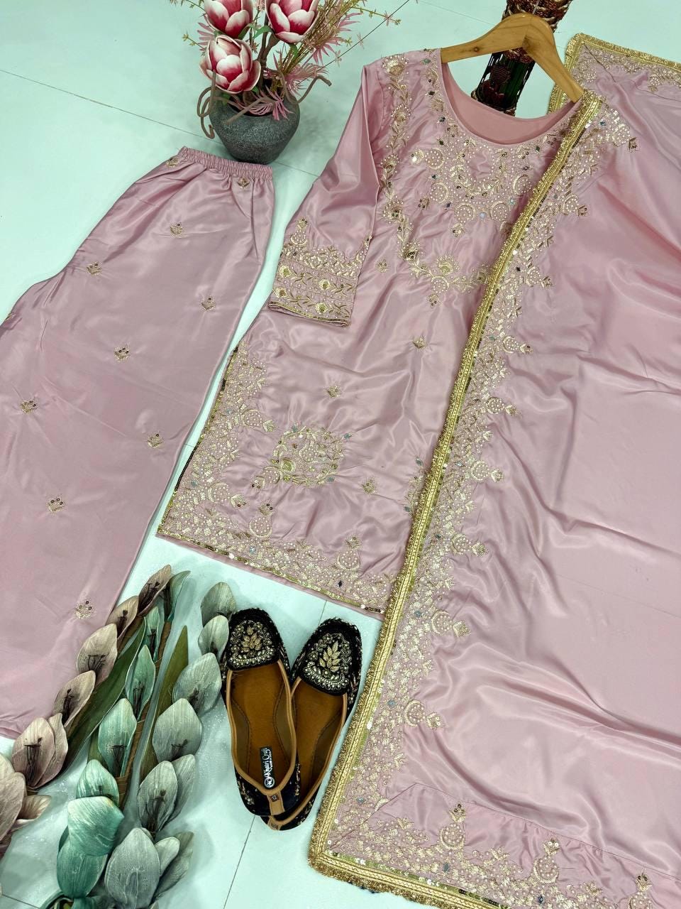 Traditional Pink Salwar Kameez Silk With Embroidery Sequence Work For Women