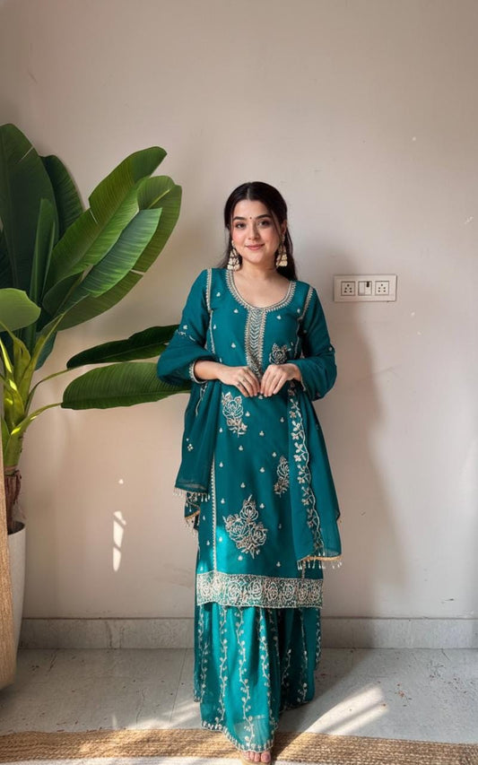 Designer Blue Shrarara Set With Dupatta With Sequence Embroidery Work - Suit For Women