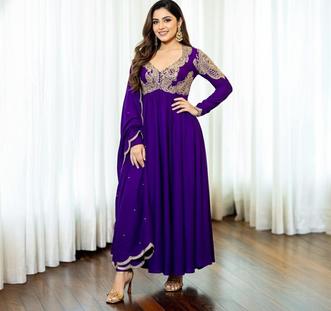 Purple Chinon Silk Anarkali Suit Set With Dupatta | Zari Embroidered - Festive Dress