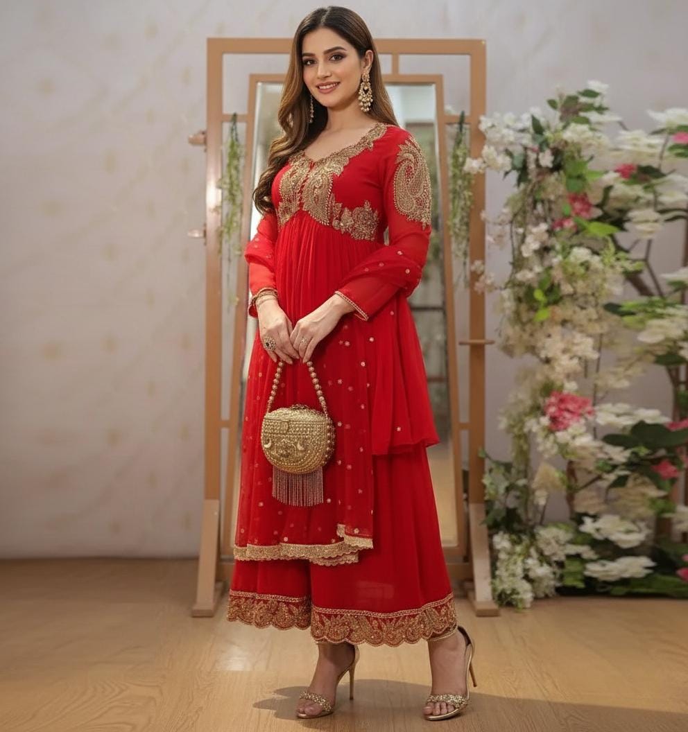 Red Sequin Embroidery Kurti Palazzo Suit | Georgette Fabric - Indian Outfit