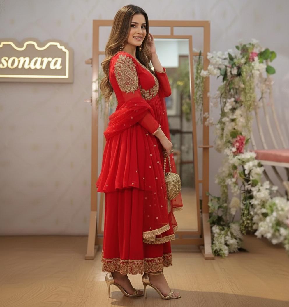 Red Sequin Embroidery Kurti Palazzo Suit | Georgette Fabric - Indian Outfit