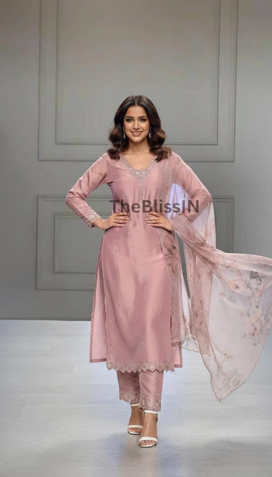 Indian Party Wear Crepe Salwar Suit Set with Palazzo & Printed Organza Dupatta