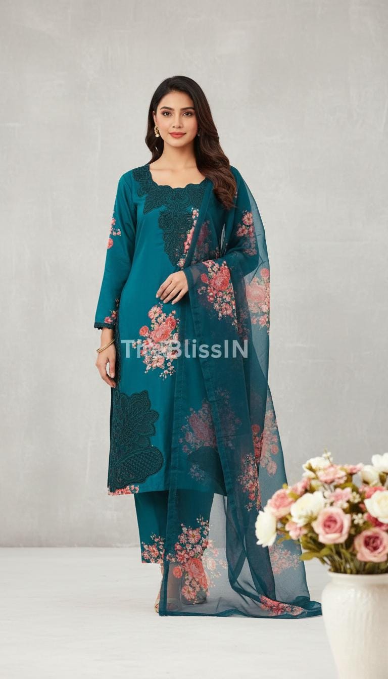 Blue Natural Crepe Palazzo Suit Set in Digital Print and Embroidered Work