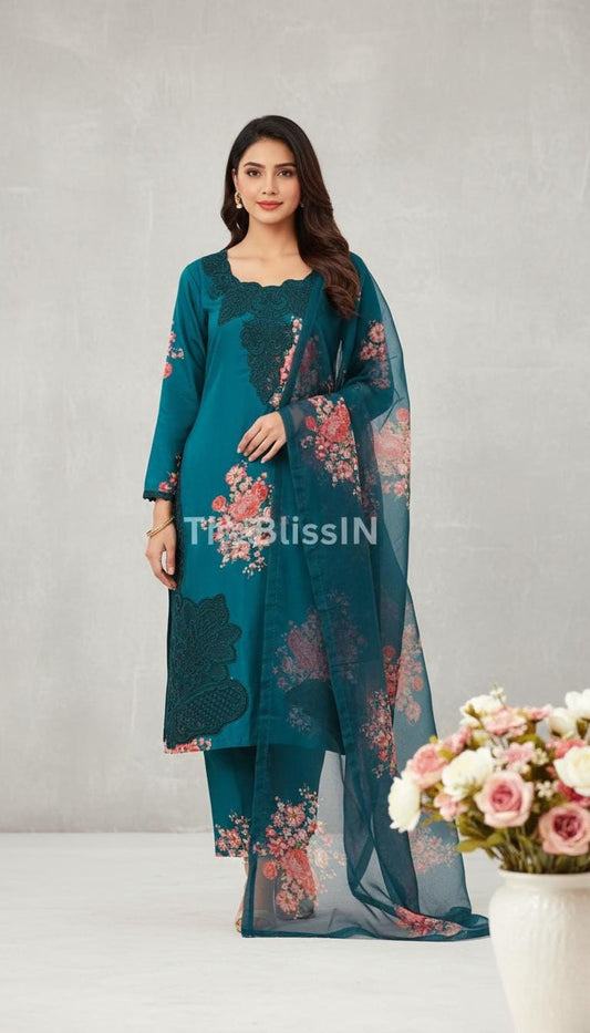 Blue Natural Crepe Palazzo Suit Set in Digital Print and Embroidered Work
