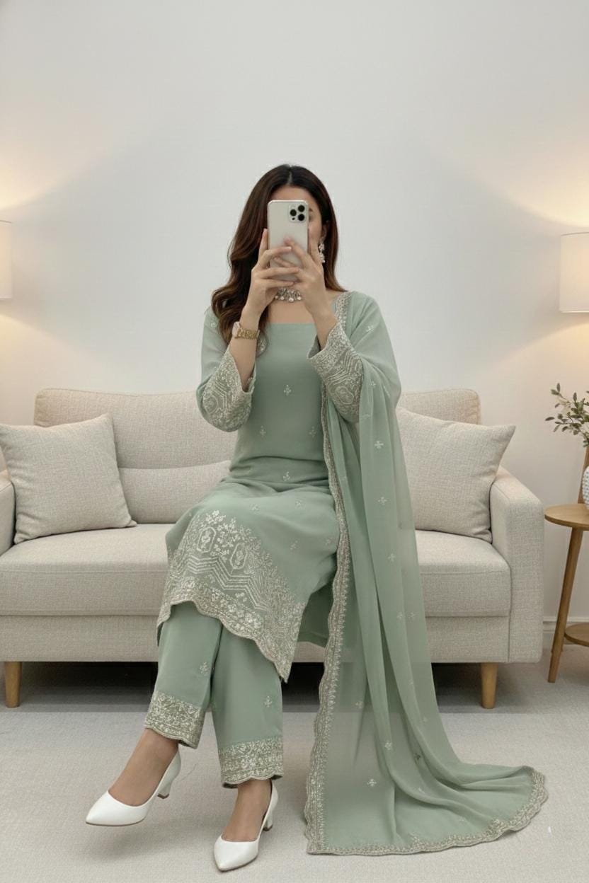 Olive Green Heavy Faux Georgette Embroidered Sequence Work Suit Set with Dupatta - pakistani suit for women's eid outfit