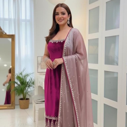 Viscose Velvet Hot Purple Suit Set with Embroidered Organza Dupatta - Pakistani Womenswear , Readymade Salwar kameez