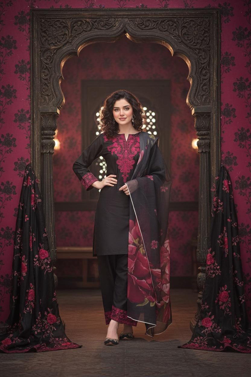 Black Eastern Three Piece Suit – Heavy Embroidery, Roman Silk Set