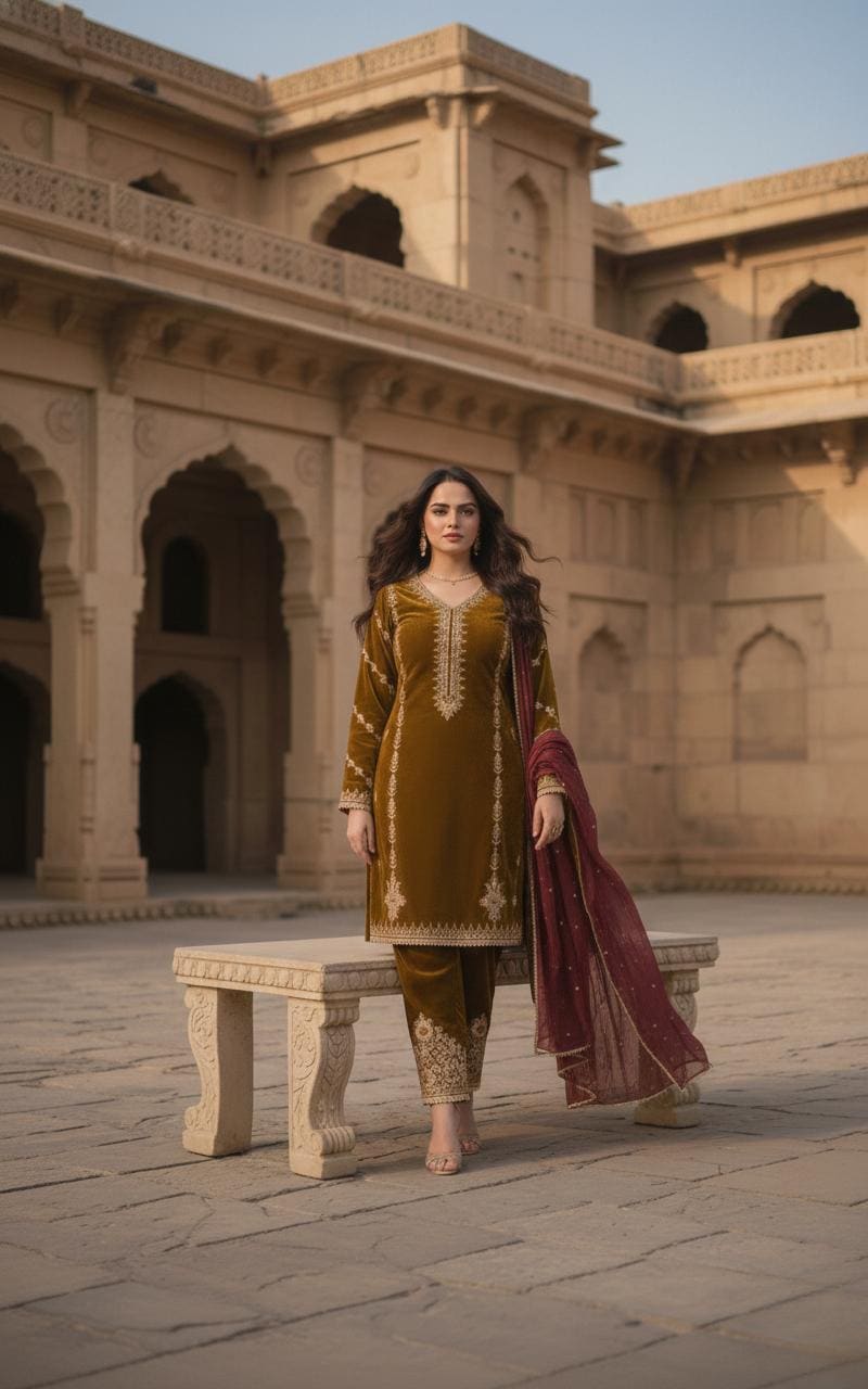 Pakistani Velvet Suit For Women | Viscose Velvet Embroidered with Pearl Work & Net Dupatta