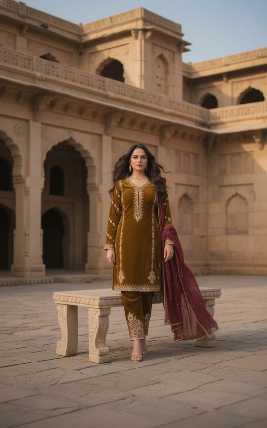 Pakistani Velvet Suit For Women | Viscose Velvet Embroidered with Pearl Work & Net Dupatta