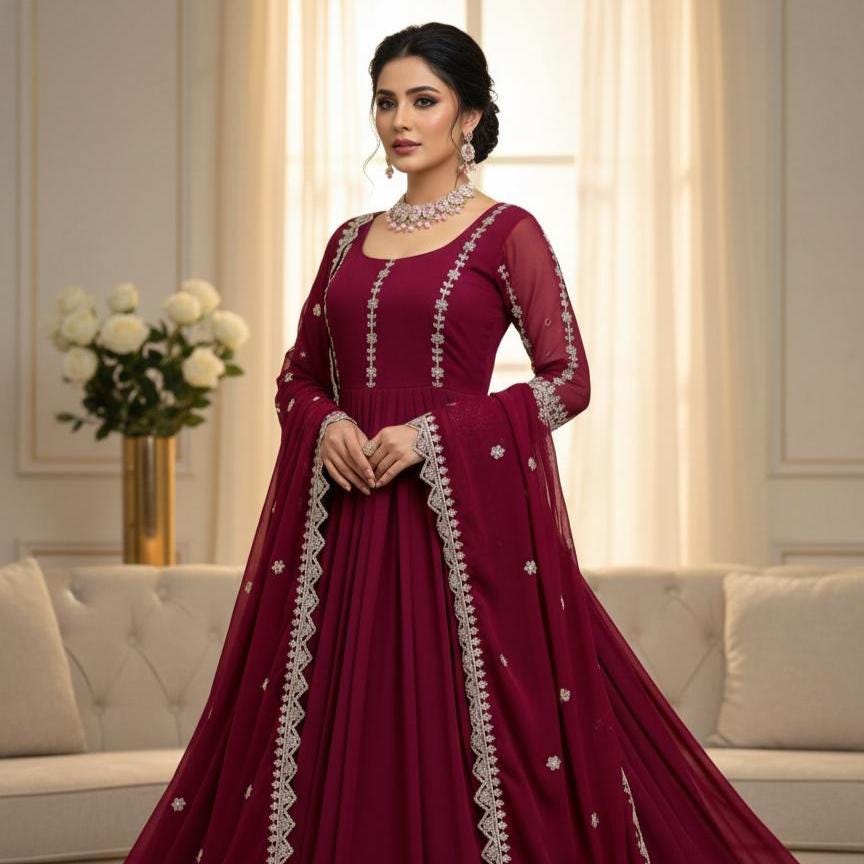 Pink Blooming Georgette Gown–Pant–Dupatta Set Anarkali Dress Women In USA