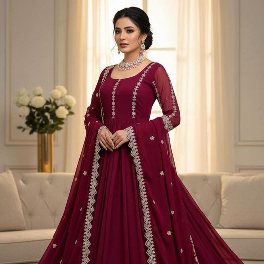 Pink Blooming Georgette Gown–Pant–Dupatta Set Anarkali Dress Women In USA