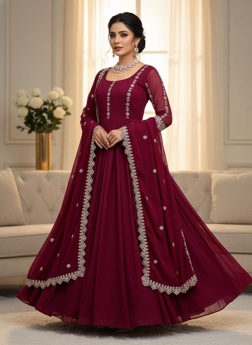 Pink Blooming Georgette Gown–Pant–Dupatta Set Anarkali Dress Women In USA