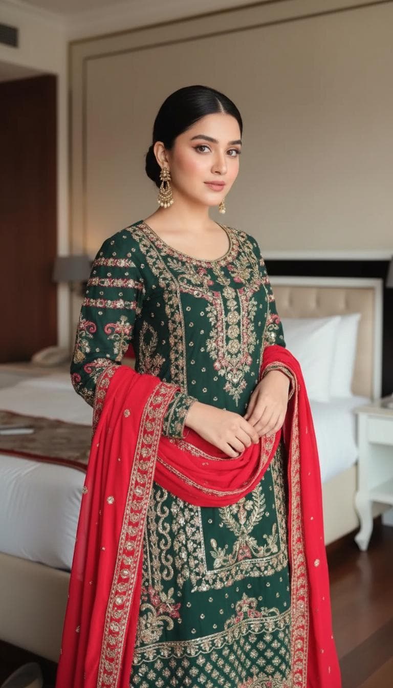 Pure Pakistani Wedding Wear Sharara Suit Set In Faux Georgette and Embroidered Dupatta