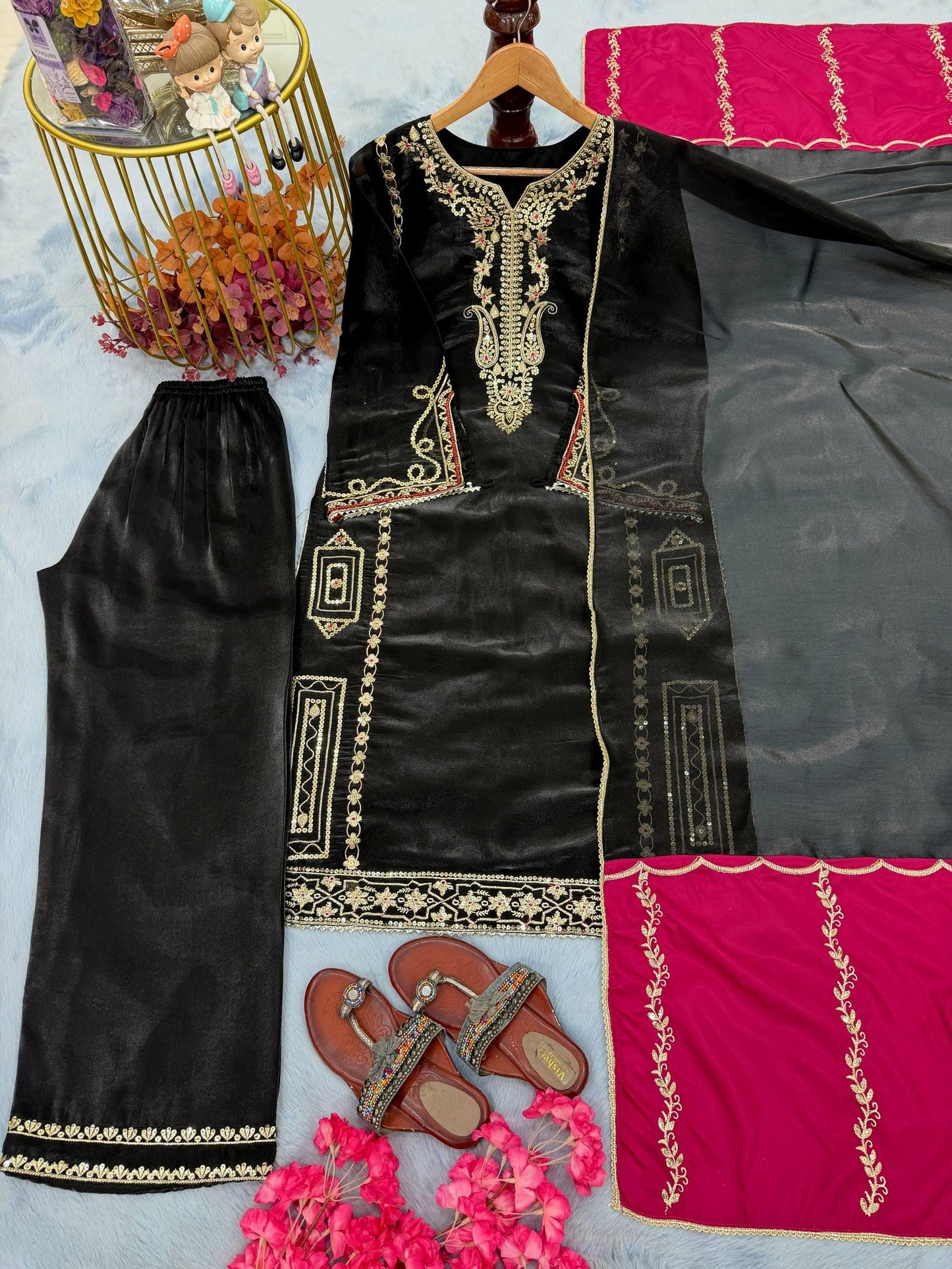 Designer Silk Black Kurta & Palazzo Suit With Dupatta | Embroidery Work Set - Eid Dress