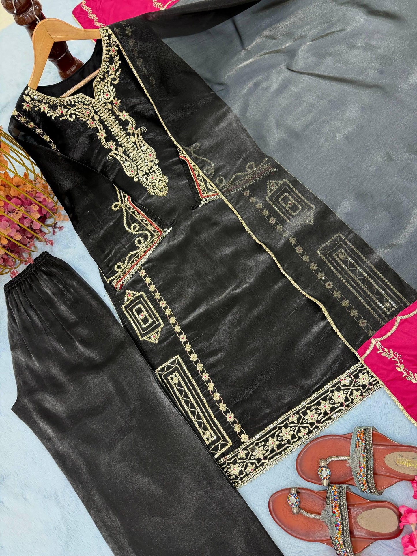 Designer Silk Black Kurta & Palazzo Suit With Dupatta | Embroidery Work Set - Eid Dress