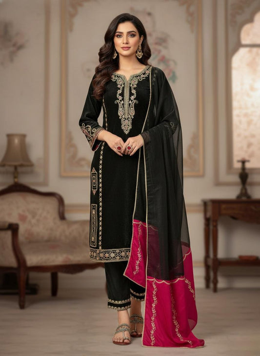 Designer Silk Black Kurta & Palazzo Suit With Dupatta | Embroidery Work Set - Eid Dress