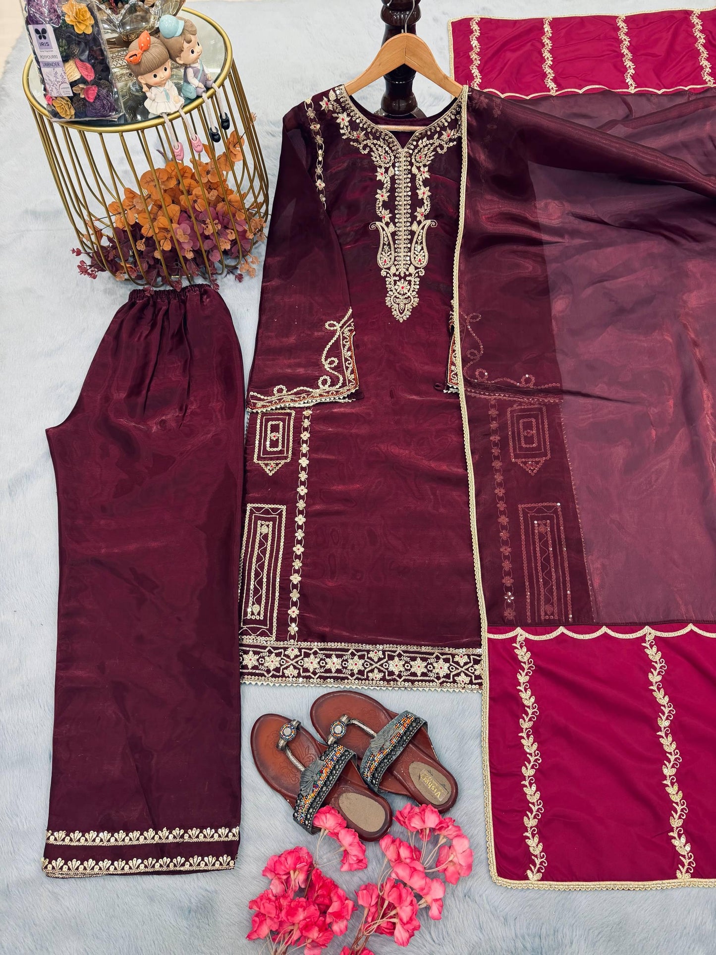 Maroon Silk Kurta Palazzo Suit Set | Sequence Embroidery Work, Festive Wear