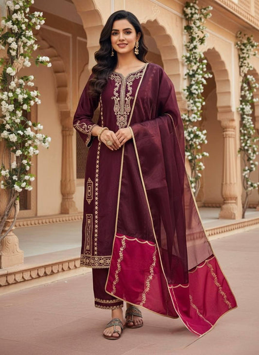 Maroon Silk Kurta Palazzo Suit Set | Sequence Embroidery Work, Festive Wear