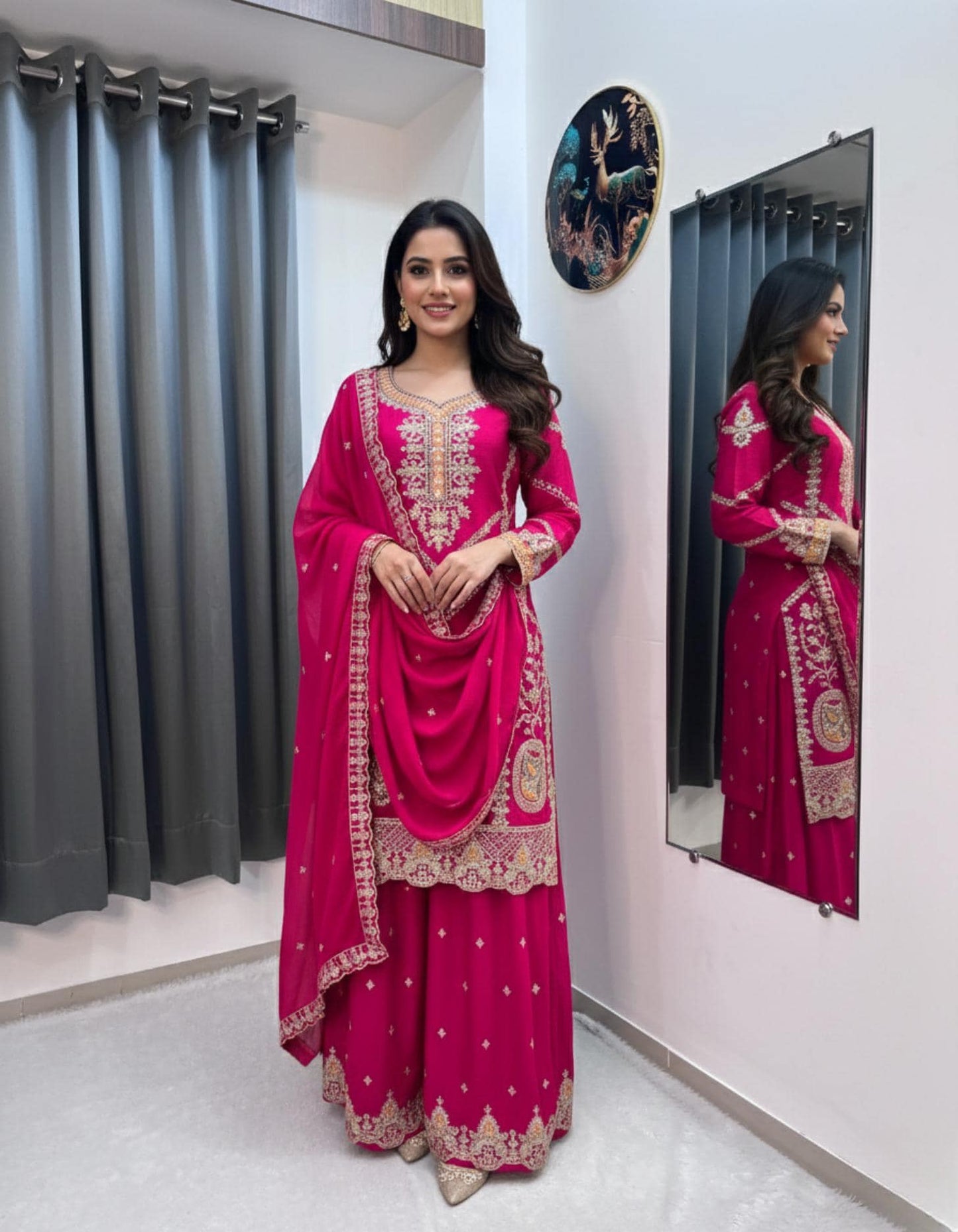 Designer Pink Pure Silk Kurti & Palazzo Suit | Sequence Embroidery Work With Dupatta Set