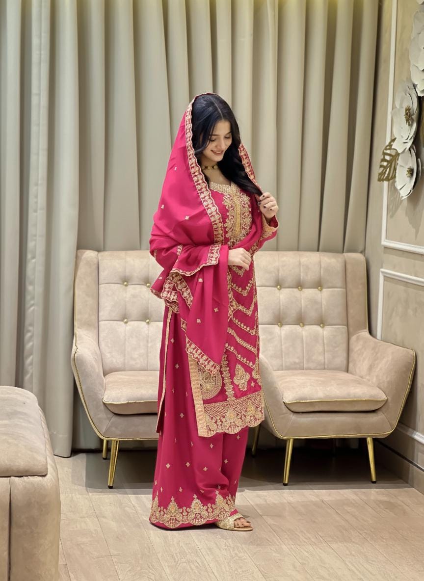 Designer Pink Pure Silk Kurti & Palazzo Suit | Sequence Embroidery Work With Dupatta Set